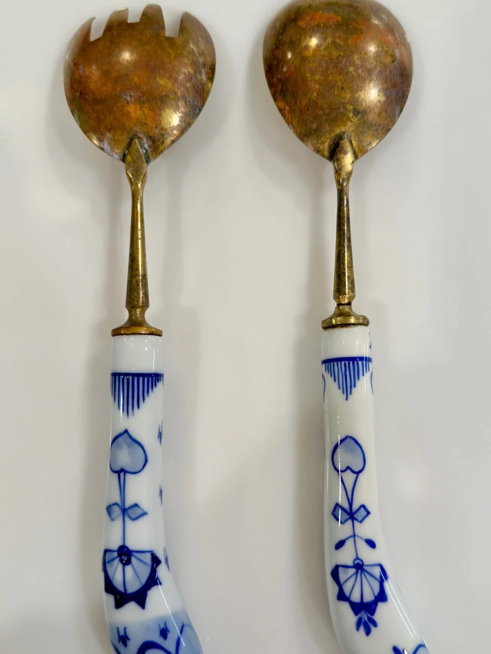 Meissen Style Blue Floral Porcelain Handle Salad Serving Set
